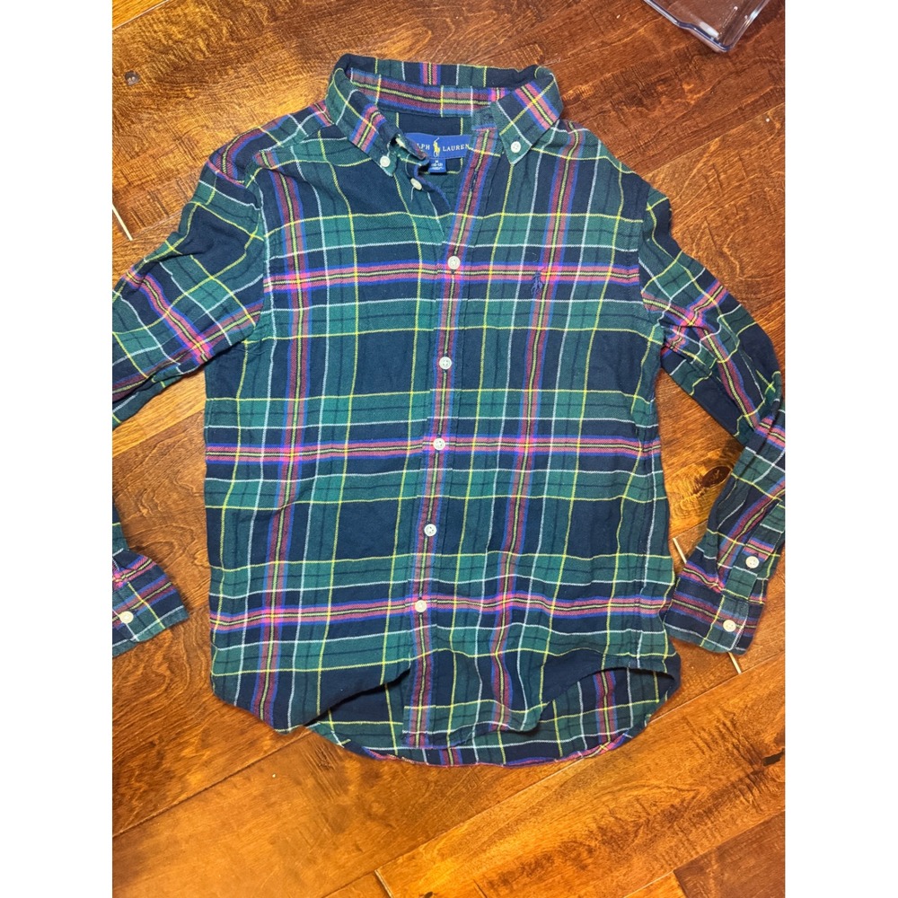 Polo Ralph Lauren Kids Plaid Flannel Button Down Shirt Green‎ Navy M 10-12